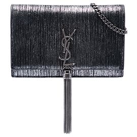 Borsa a tracolla con catena e nappa Kate Monogram in scamosciato metallizzato argento Saint Laurent