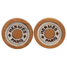 Boucles d'oreilles clips Sellier en bois et palladium marron Hermès