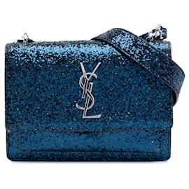 Piccola borsa a tracolla Saint Laurent Sunset in pelle monogrammata blu glitterata