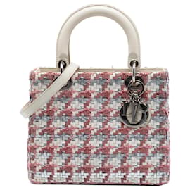 Borsa Lady Dior Medium in Tweed e Pelle di Agnello Intrecciata Bianca