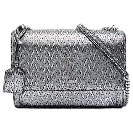 Borsa a tracolla Saint Laurent Medium Metallic Woven Leather Monogram Sunset argento