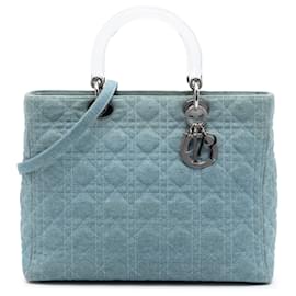 Borsa satchel Lady Dior in denim blu grande con manici in acrilico cannage