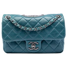 Blue Chanel Quilted Calfskin Plaque Double Flap Shoulder Bag