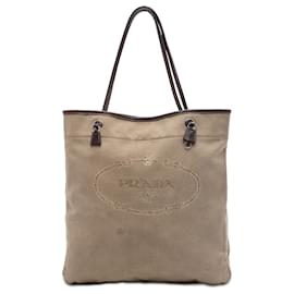 Borsa Tote Prada in tela Canapa con logo marrone