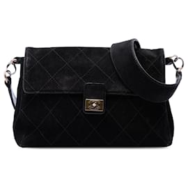 Borsa a tracolla Chanel CC in camoscio trapuntato nero con cuciture Wild Stitch