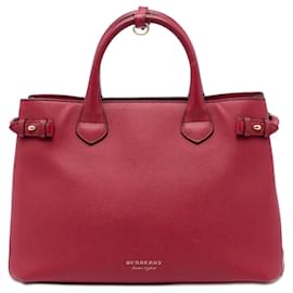 Borsa Satchel Banner Burberry in pelle e House Check, rossa, taglia Medium