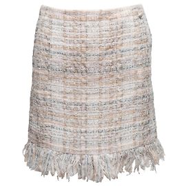 Falda de tweed a cuadros en mezcla de seda blanco y beige Chanel Talla FR 36