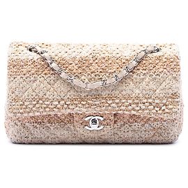 Chanel Medium Classic Tweed Double Flap Schultertasche beige