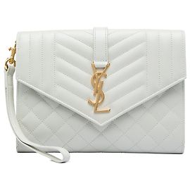 White Saint Laurent Grain De Poudre Triquilt Monogram Envelope Clutch