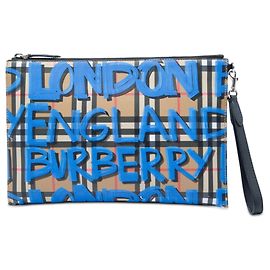 Borsa Clutch Burberry House Check Canvas Graffiti Beige con Cerniera