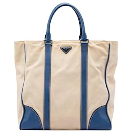Tote in tela con rifiniture in Saffiano Prada blu