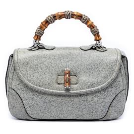 Gucci Large New Bamboo Top Handle Bag aus gesprenkeltem Leder in Grau