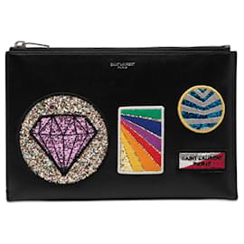 Saint Laurent Leder-Clutch-Tasche in Schwarz mit Multi-Patches und Reißverschluss