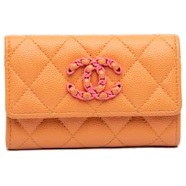 Tarjetero Chanel 19 Flap de piel caviar acolchada Orange