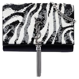 Borsa a Tracolla Saint Laurent Small Satin Monogram Kate Zebra Sequin Nera