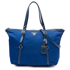 Borsa Tote Satchel Convertibile con Chiusura a Zip Prada in Tessuto con Rifiniture in Saffiano, Blu
