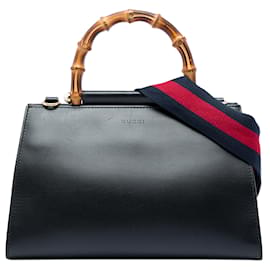 Borsa Satchel Gucci Nymphaea Small in pelle di vitello nera con bambù e Web