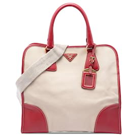 Borsa satchel Prada in tela Canapa beige con rifiniture in pelle Saffiano
