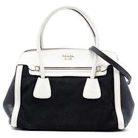 Borsa Satchel Prada in tela con rifiniture in pelle Saffiano bicolore nera