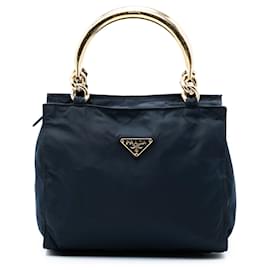 Borsa Prada Tessuto blu con manico in metallo