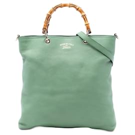 Borsa shopper Gucci Tall in pelle verde con manici in bambù