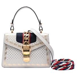 Borsa Satchel Sylvie Mini Calfskin Web Star Print Gold Gucci