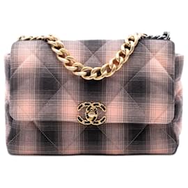 Borsa Chanel 19 Flap Satchel Large in cotone a quadri rosa