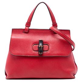 Bolsa Satchel Daily Gucci Small em couro vermelho com alça Bamboo
