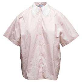 Camicia a maniche corte Prada rosa chiaro e bianco con colletto a frange Taglia IT 36