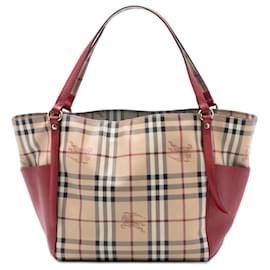 Borsa Tote Canterbury Burberry in tela rivestita Haymarket Check beige con dettagli in pelle Small