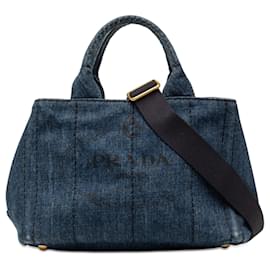 Borsa Satchel Prada Small Denim Canapa Logo Blu