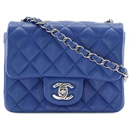 Chanel Mini Square Classic Crossbody Bag aus blauem Lammleder mit Single Flap