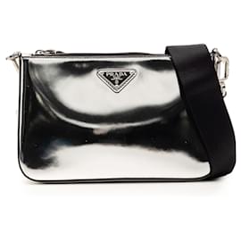 Borsa a tracolla con zip Prada Re Edition in pelle spazzolata Silver
