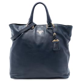Borsa Tote Satchel convertibile aperta Prada in vitello morbido blu
