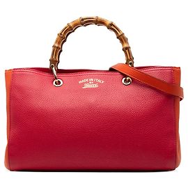 Borsa Shopper Satchel Gucci Medium Bicolor in pelle di vitello rossa con bambù