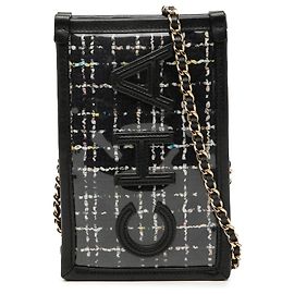 Clutch per telefono Chanel in tweed e PVC nero con tracolla a catena