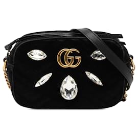 Borsa a tracolla Mini GG Marmont in velluto matelassé nero con cristalli Gucci