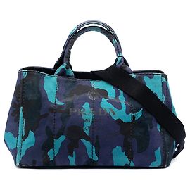 Borsa Satchel Prada in tela Canvas Canapa blu con logo camouflage