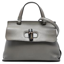 Borsa Daily Satchel piccola in pelle grigia con bambù Gucci