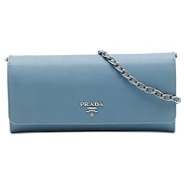 Borsa a tracolla Prada Saffiano Blue con portafoglio e catena
