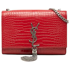 Borsa a tracolla Saint Laurent Kate Small in pelle embossed croc rossa con monogramma e nappe