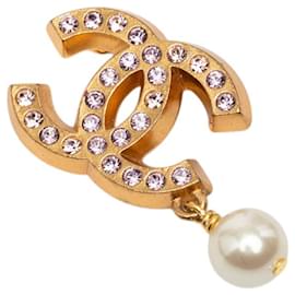Spilla pendente Chanel CC placcata oro con strass e perle finte