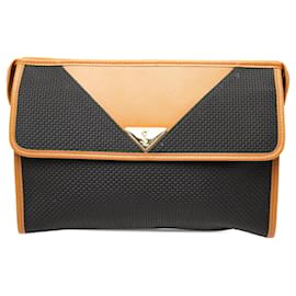 Clutch Saint Laurent de lona revestida con adornos de cuero negra