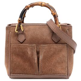 Mini borsa satchel Gucci in camoscio marrone con bambù