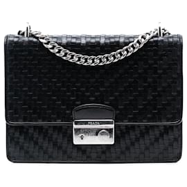 Borsa a patta con catena in pelle Madras intrecciata Prada nera