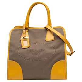 Borsa satchel Prada in tela Canapa con logo e rifiniture in pelle Saffiano marrone