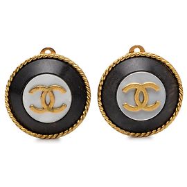 Orecchini a clip rotondi Chanel CC neri placcati oro e smalto