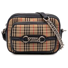 Borsa camera Burberry 1983 Knight Check in tela beige e vitello