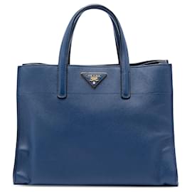 Borsa Tote Satchel Prada Saffiano Soft blu a tre tasche