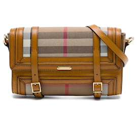 Borsa a tracolla Burberry House Check in tela marrone con bordi in pelle